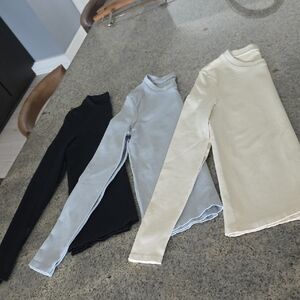 Three Long Sleeve Crew Neck Ribbed Tops - Black, Light Gray, Cream